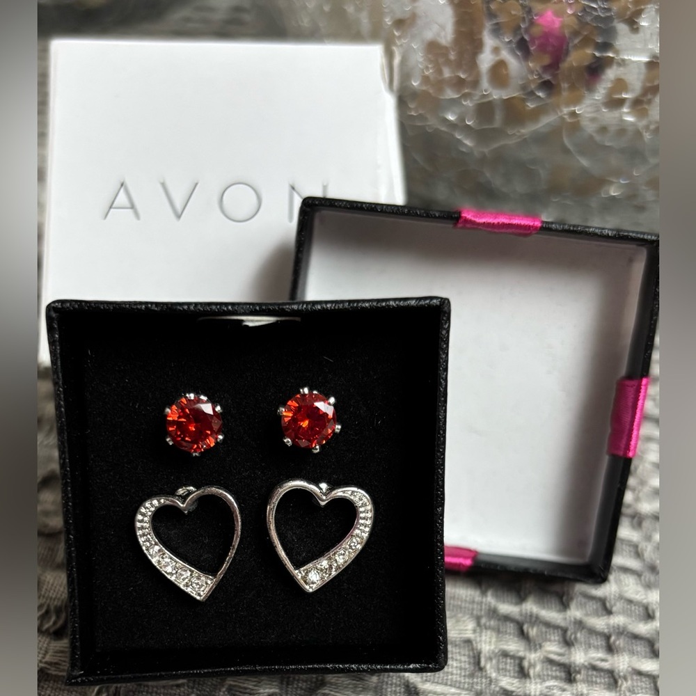Avon Silvertone/Crystal Heart Earrings and Red Crystal Studs Set